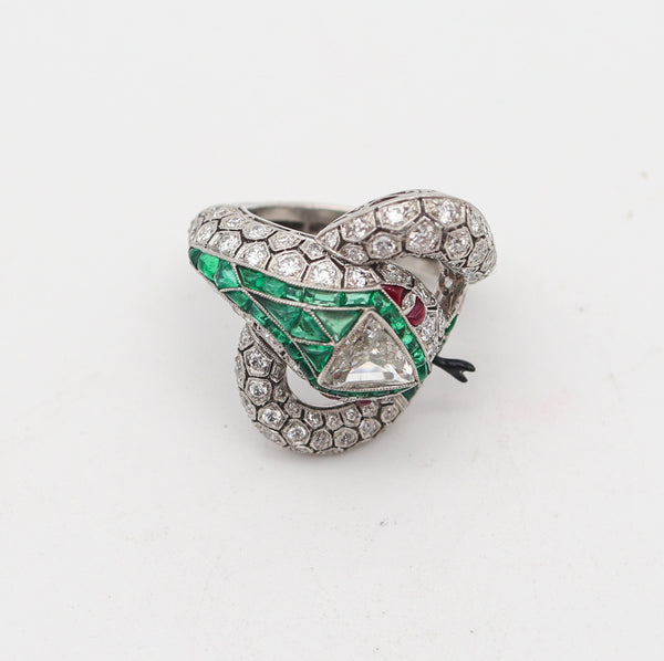 ART DECO 1925 Fabulous Snake Ring In Platinum And 6.47 Ctw Diamonds & Emeralds