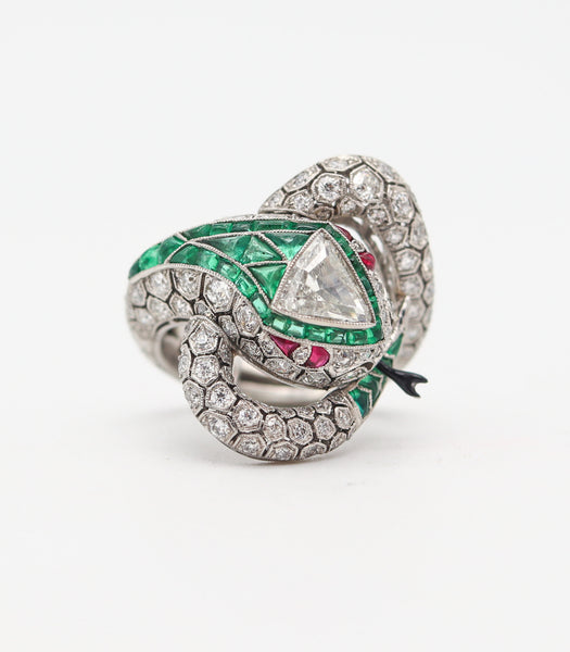 ART DECO 1925 Fabulous Snake Ring In Platinum And 6.47 Ctw Diamonds & Emeralds