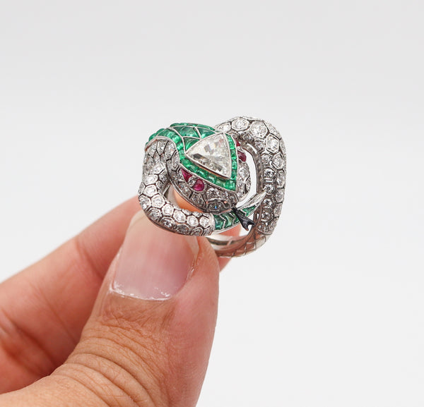 ART DECO 1925 Fabulous Snake Ring In Platinum And 6.47 Ctw Diamonds & Emeralds