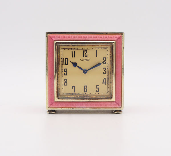 -Gubelin 1925 Art Deco Guilloché Enameled Boudoir Desk Clock In .935 Sterling