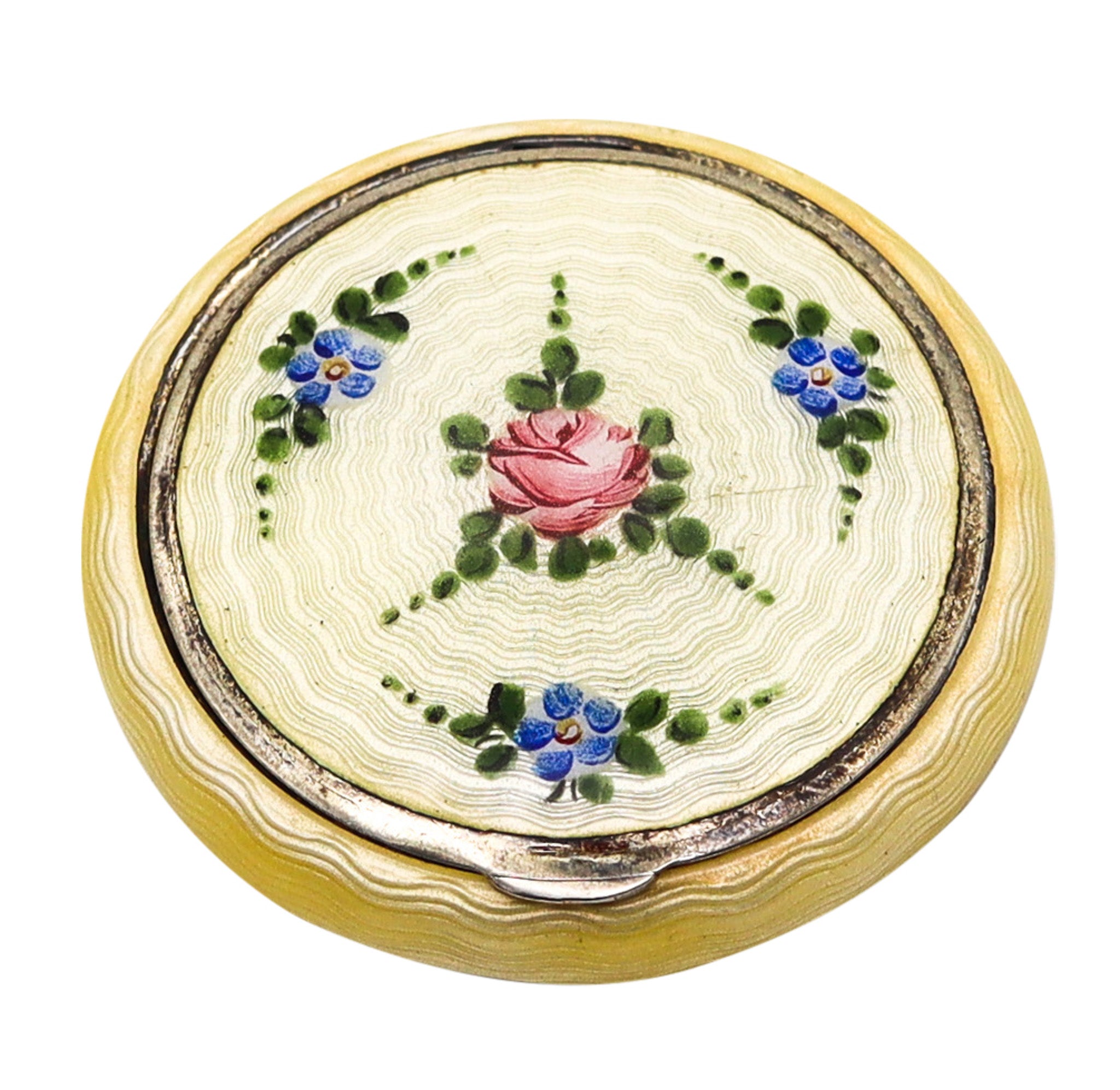 Bliss Brothers 1925 Art Deco Guilloche Yellow Enamel Round Box In 925 Sterling Silver