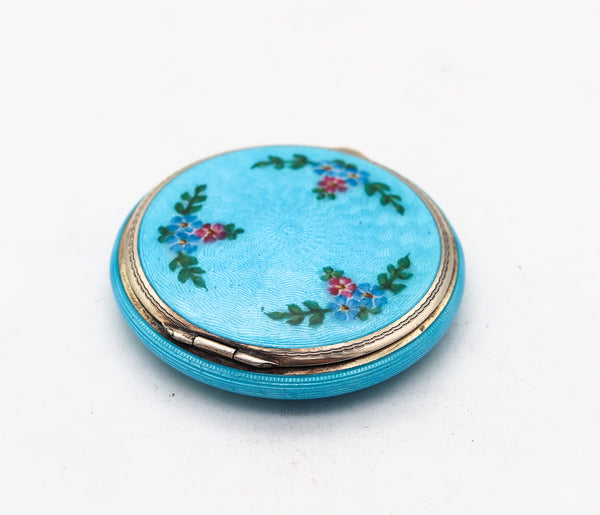 Foster And Bailey 1925 Art Deco Guilloche Turquoise Enamel Round Box In 925 Sterling Silver
