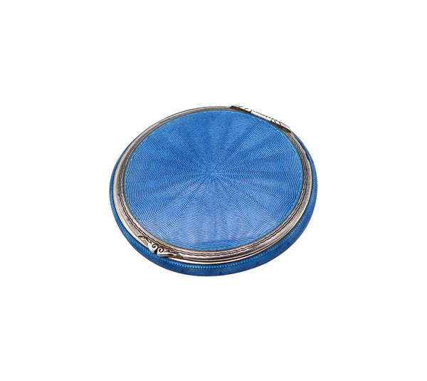 Foster And Bailey 1925 Art Deco Guilloche Blue Enamel Round Box In 925 Sterling Silver