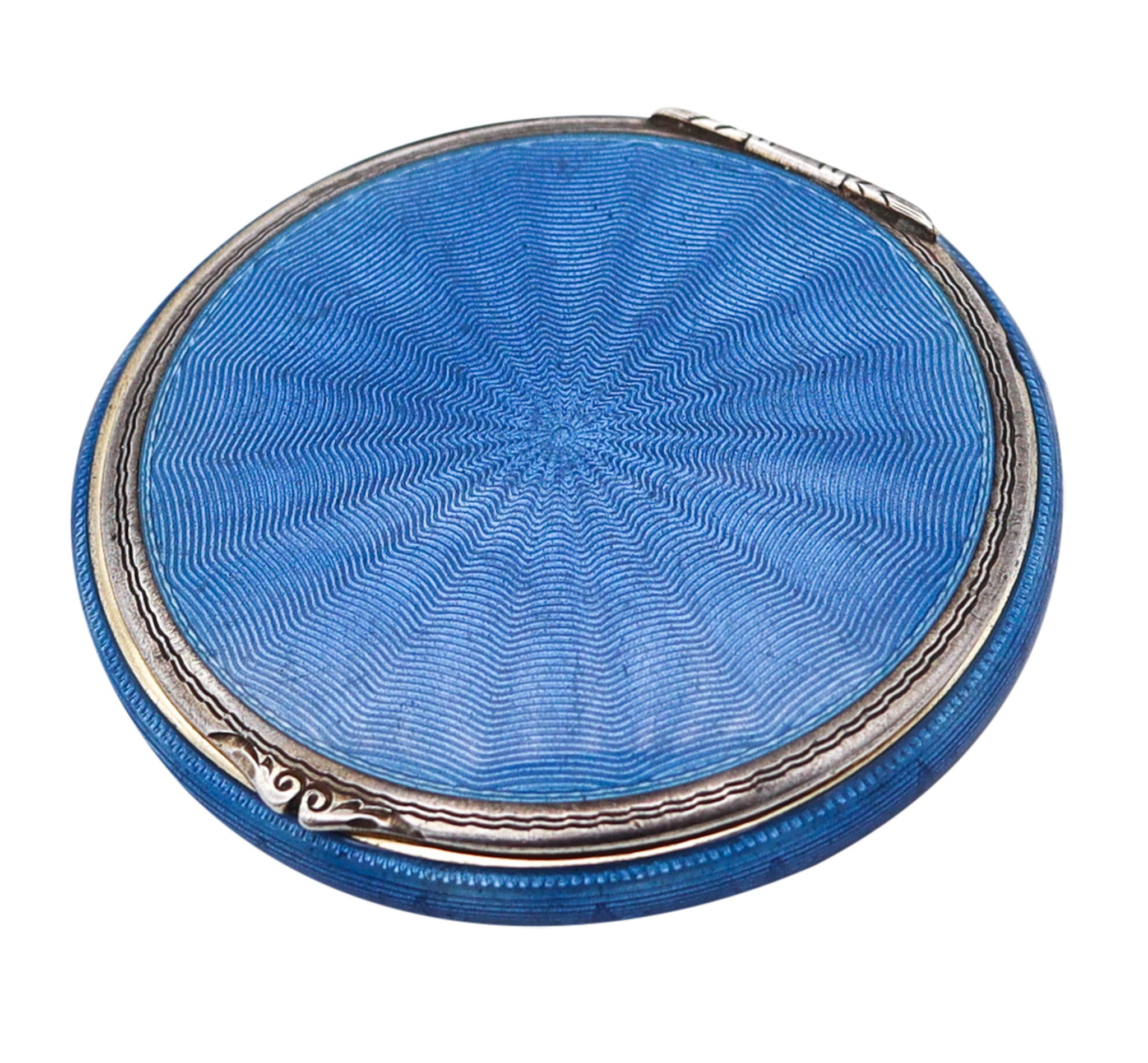 Foster And Bailey 1925 Art Deco Guilloche Blue Enamel Round Box In 925 Sterling Silver