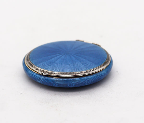 Foster And Bailey 1925 Art Deco Guilloche Blue Enamel Round Box In 925 Sterling Silver