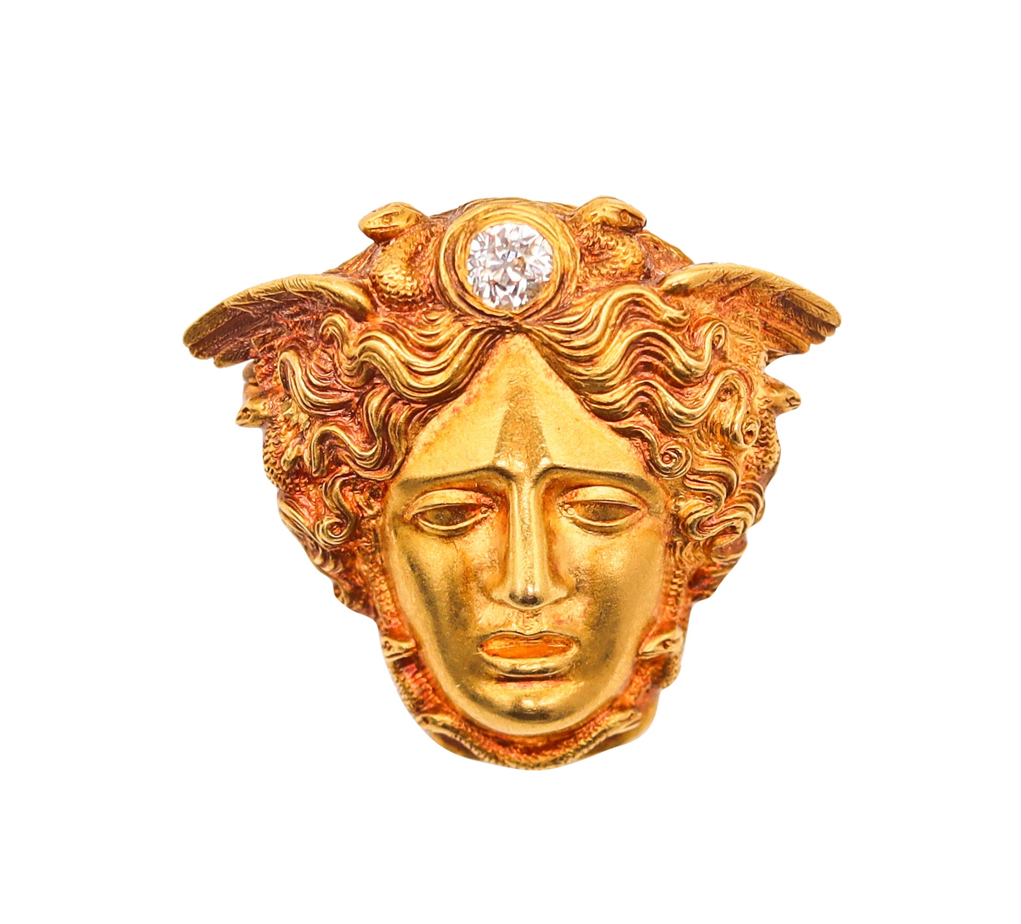 MEDUSA Art Nouveau Sculpted Portrait Pendant-Brooch In 18Kt Gold With Diamond