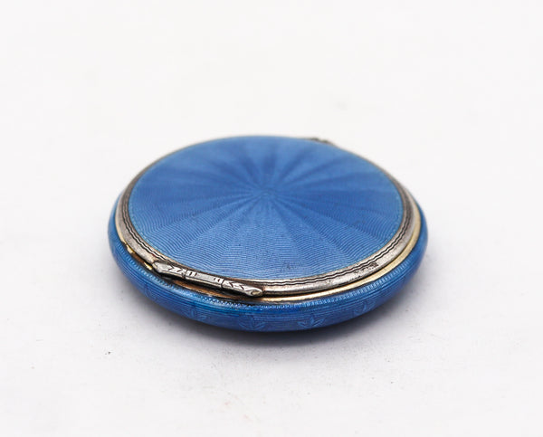 Foster And Bailey 1925 Art Deco Guilloche Blue Enamel Round Box In 925 Sterling Silver