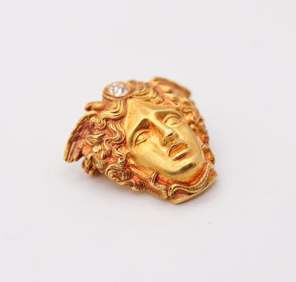 MEDUSA Art Nouveau Sculpted Portrait Pendant-Brooch In 18Kt Gold With Diamond