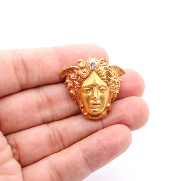 MEDUSA Art Nouveau Sculpted Portrait Pendant-Brooch In 18Kt Gold With Diamond