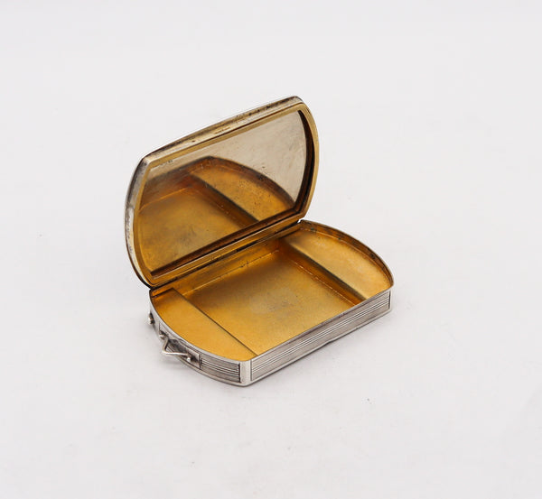 -French 1925 Art Deco Enameled Mechanical Compact Pendant Box In Sterling Silver