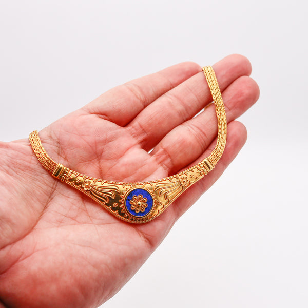 -Greek Revival Hellenistic Necklace In Solid 22Kt Yellow Gold With Lapis Lazuli