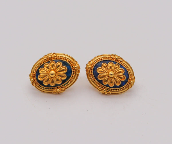 -Greek Revival Hellenistic Earrings In Solid 22Kt Yellow Gold With Lapis Lazuli