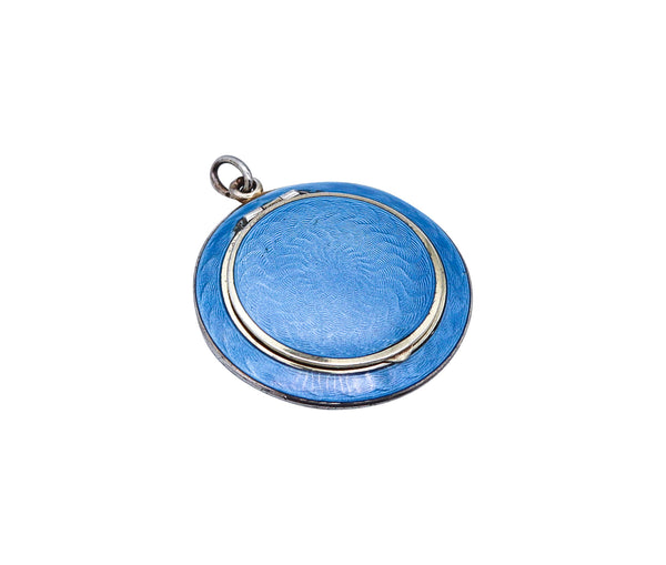 -French 1910 Edwardian Blue Guilloche Enamel Pendant In .925 Sterling Silver