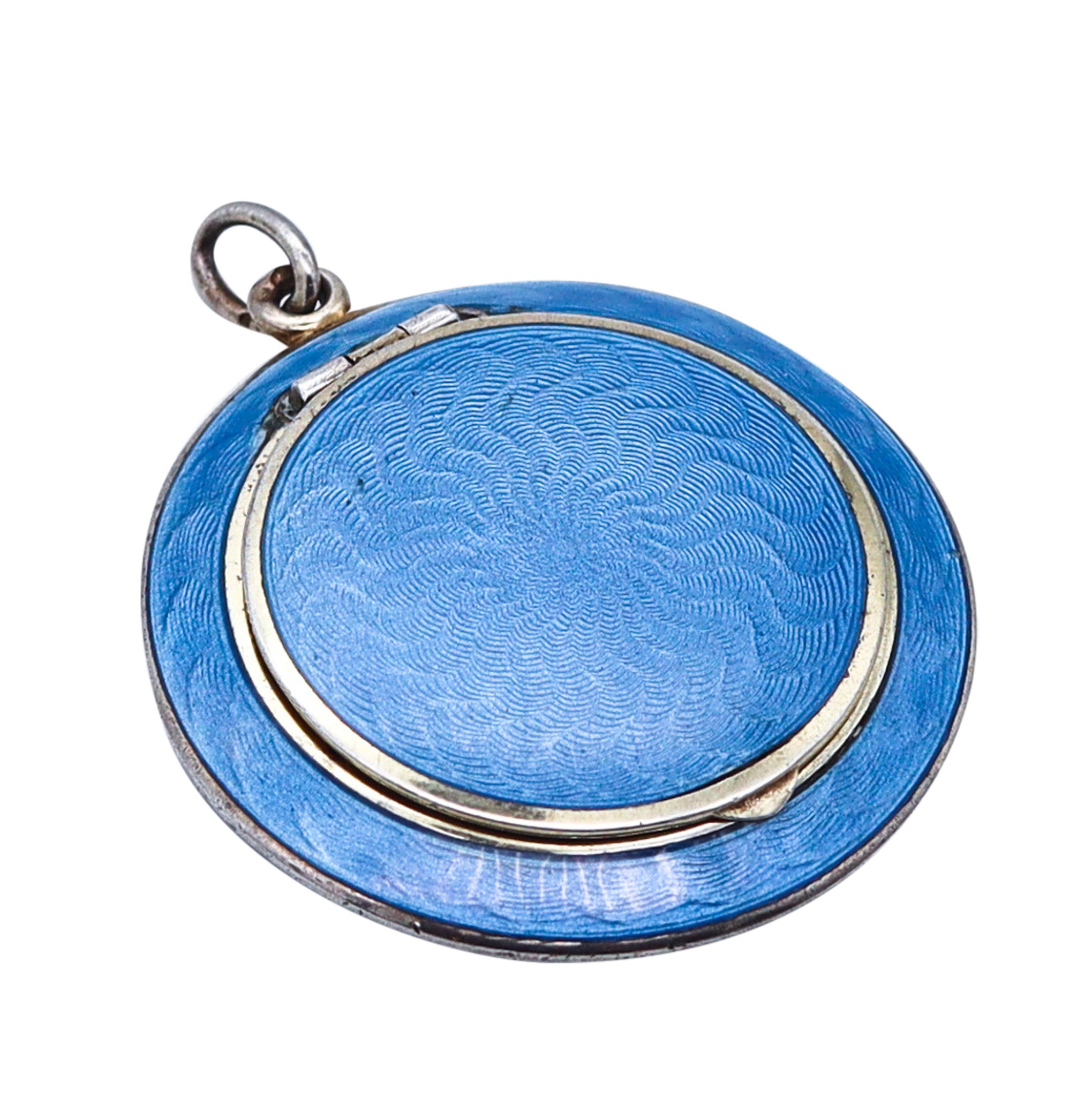 -French 1910 Edwardian Blue Guilloche Enamel Pendant In .925 Sterling Silver