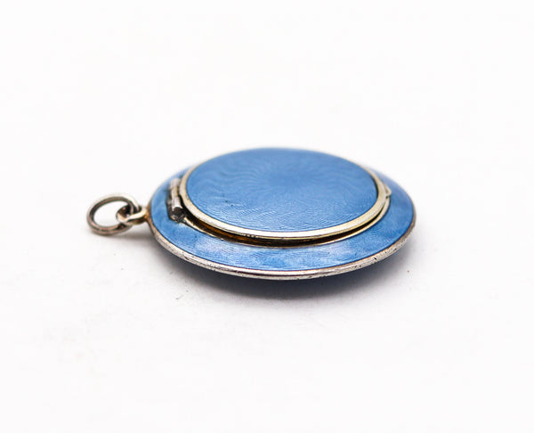 -French 1910 Edwardian Blue Guilloche Enamel Pendant In .925 Sterling Silver