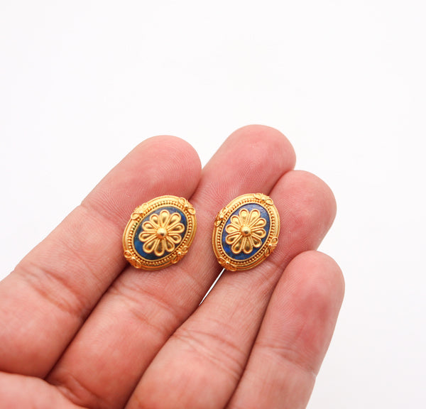 -Greek Revival Hellenistic Earrings In Solid 22Kt Yellow Gold With Lapis Lazuli