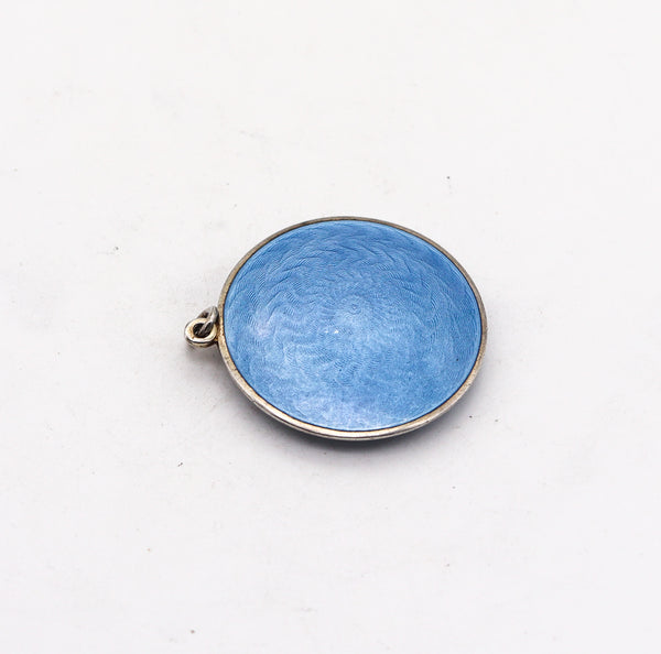 -French 1910 Edwardian Blue Guilloche Enamel Pendant In .925 Sterling Silver