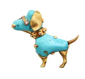 ITALIAN Retro Doggy Brooch In 18Kt Yellow Gold With Carved Blue Turquoises