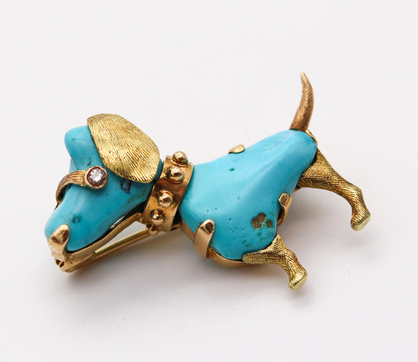 ITALIAN Retro Doggy Brooch In 18Kt Yellow Gold With Carved Blue Turquoises