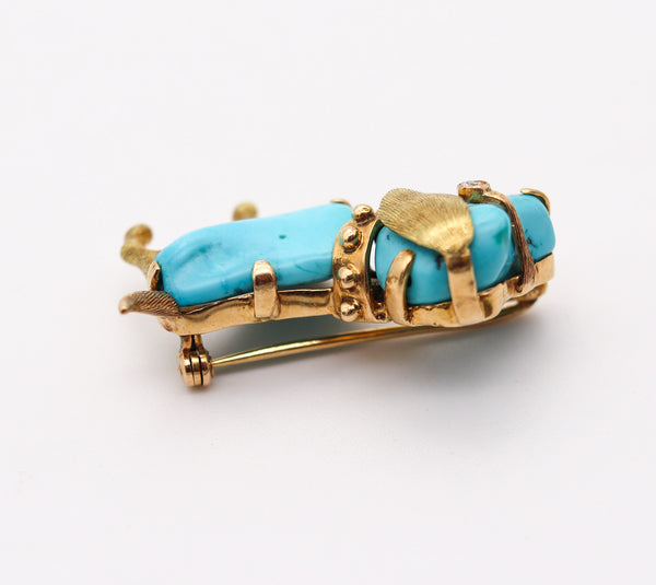 ITALIAN Retro Doggy Brooch In 18Kt Yellow Gold With Carved Blue Turquoises