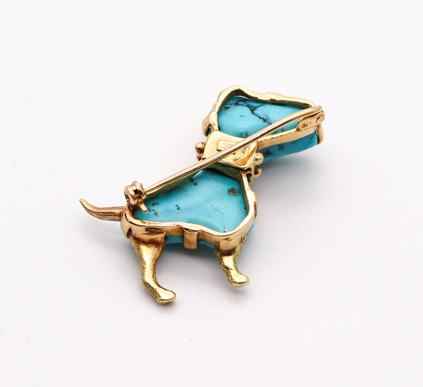 ITALIAN Retro Doggy Brooch In 18Kt Yellow Gold With Carved Blue Turquoises