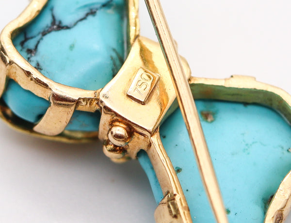 ITALIAN Retro Doggy Brooch In 18Kt Yellow Gold With Carved Blue Turquoises