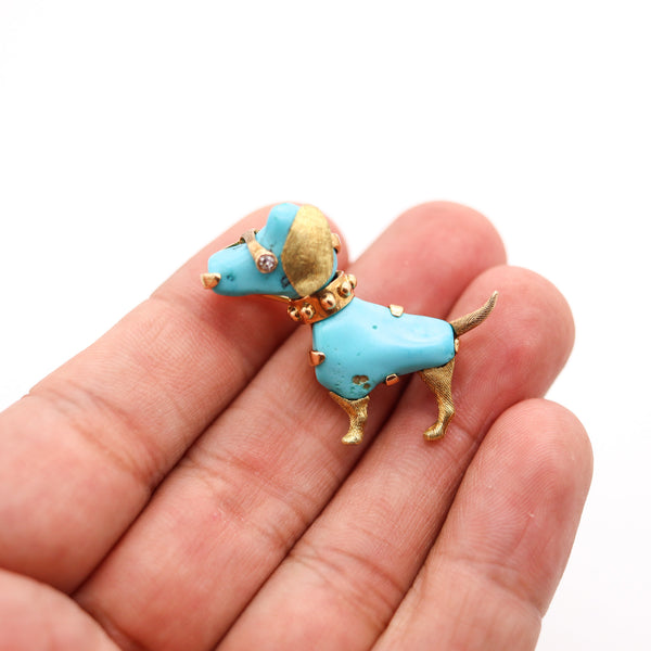 ITALIAN Retro Doggy Brooch In 18Kt Yellow Gold With Carved Blue Turquoises