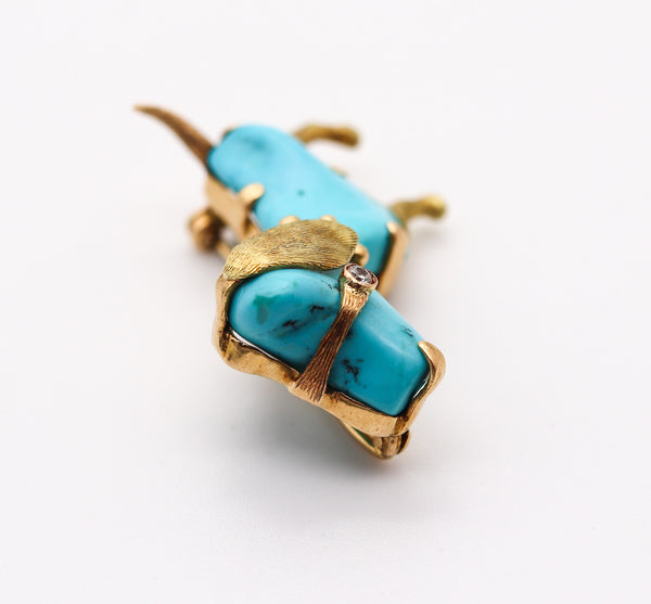 ITALIAN Retro Doggy Brooch In 18Kt Yellow Gold With Carved Blue Turquoises