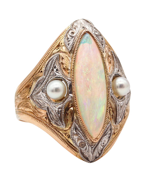 EDWARDIAN 1900 Cocktail Ring In 14Kt Gold Platinum With Opal & Natural Pearls