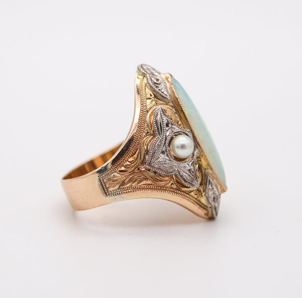 EDWARDIAN 1900 Cocktail Ring In 14Kt Gold Platinum With Opal & Natural Pearls