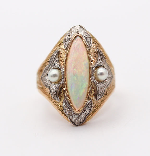 EDWARDIAN 1900 Cocktail Ring In 14Kt Gold Platinum With Opal & Natural Pearls