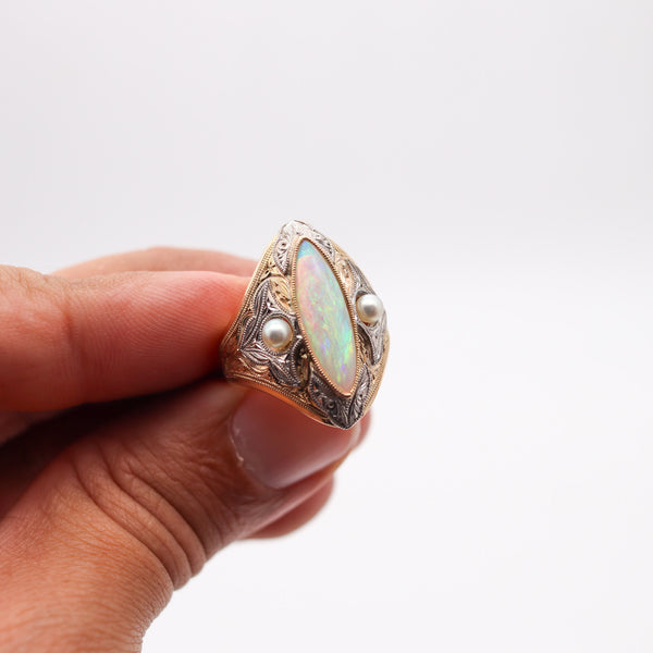 EDWARDIAN 1900 Cocktail Ring In 14Kt Gold Platinum With Opal & Natural Pearls