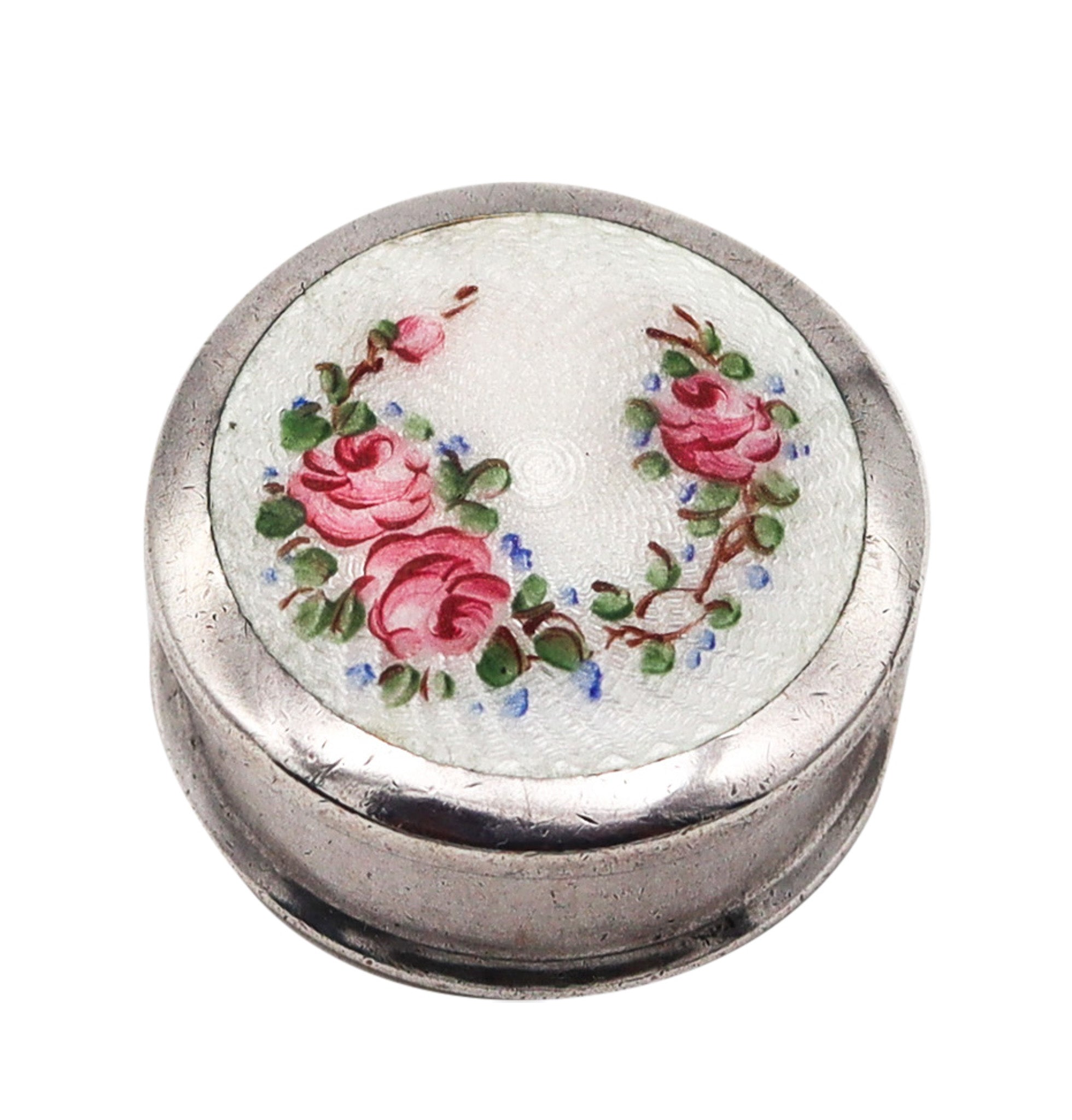 Wells Co 1930 Enameled Guilloche Round Pill Box In .925 Sterling Silver