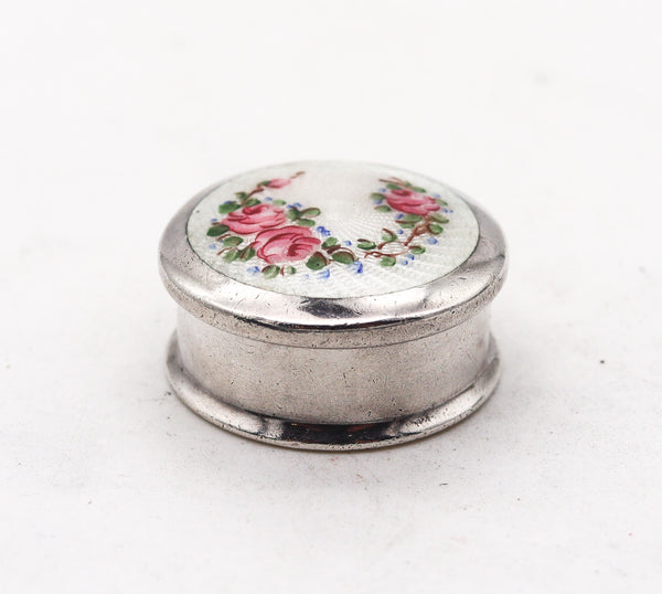 Wells Co 1930 Enameled Guilloche Round Pill Box In .925 Sterling Silver