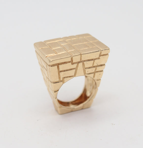 ARCHITECTURAL 1970 Modernist Bridge Bricks Ring In Solid 14Kt Yellow Gold