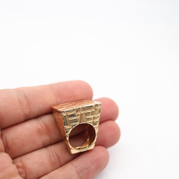 ARCHITECTURAL 1970 Modernist Bridge Bricks Ring In Solid 14Kt Yellow Gold
