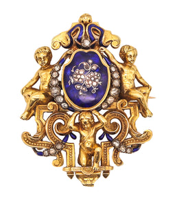 -Austrian 1820 Georgian Enameled Pendant Brooch In 18Kt Gold With Diamonds