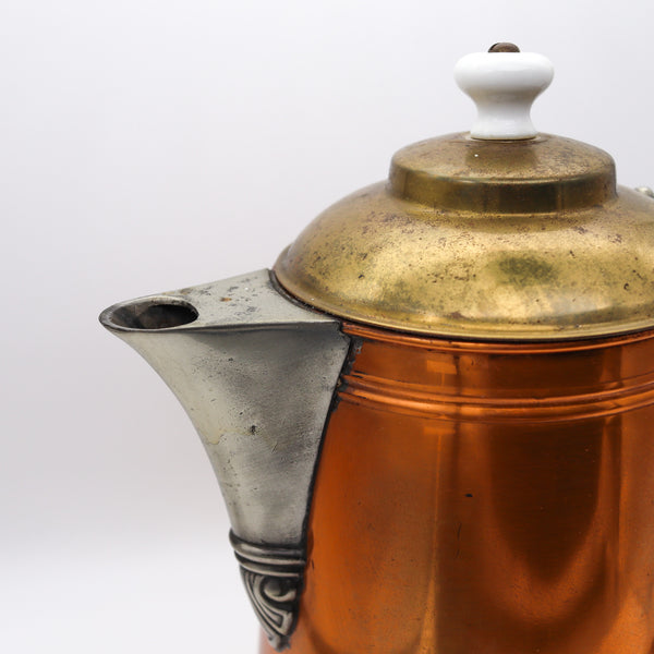 Manning Bowman 1899 Art Deco Pitcher Pot In Copper Bronze Brass And Porcelain