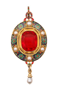 HOLBEINESQUE 1860 Russell Renaissance Revival Pendant 19Kt Gold Pearls & Fire Opal