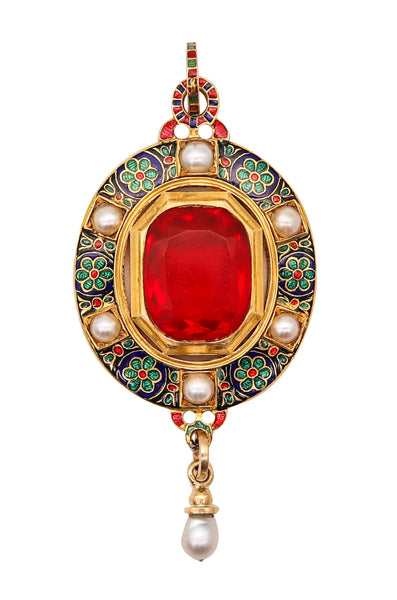 HOLBEINESQUE 1860 Russell Renaissance Revival Pendant 19Kt Gold Pearls & Fire Opal