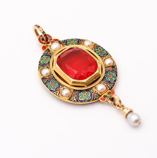 HOLBEINESQUE 1860 Russell Renaissance Revival Pendant 19Kt Gold Pearls & Fire Opal