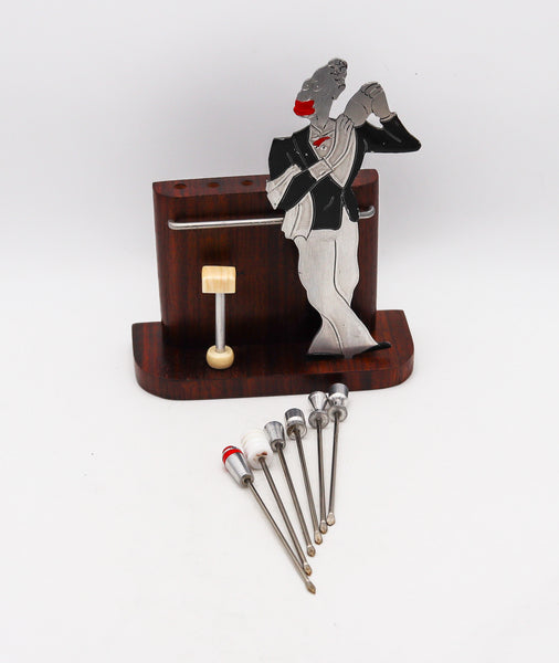 French Art Deco 1935 By Sudre White Barman Cocktail Picks Holder In Makassar Wood