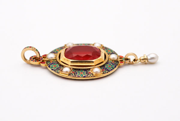 HOLBEINESQUE 1860 Russell Renaissance Revival Pendant 19Kt Gold Pearls & Fire Opal