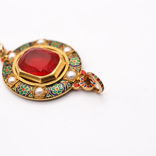 HOLBEINESQUE 1860 Russell Renaissance Revival Pendant 19Kt Gold Pearls & Fire Opal