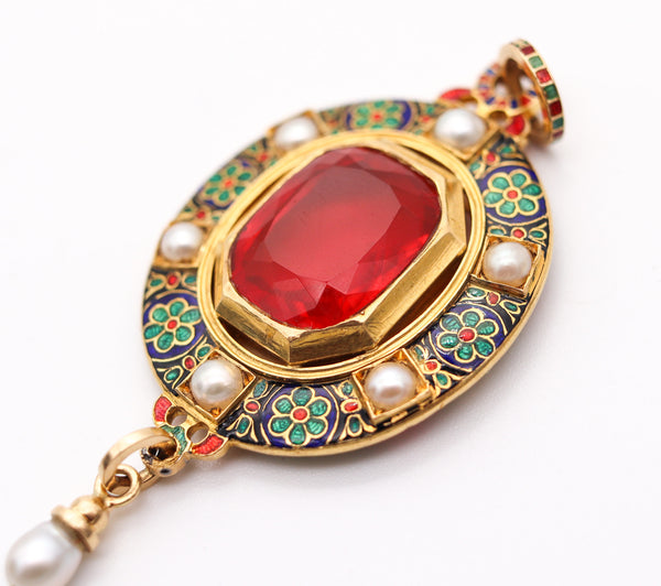 HOLBEINESQUE 1860 Russell Renaissance Revival Pendant 19Kt Gold Pearls & Fire Opal