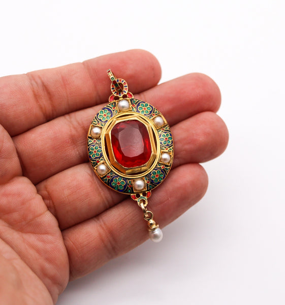 HOLBEINESQUE 1860 Russell Renaissance Revival Pendant 19Kt Gold Pearls & Fire Opal