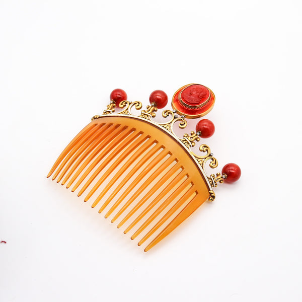 NEOCLASSICAL 1880 Enameled Hair Comb In 18Kt Gold Diamonds & Carved Agates