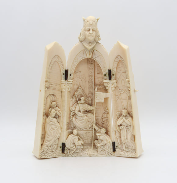 -Flemish 1850 Carved Sculpture Triptych Of Emperor Charlemagne Enthroned