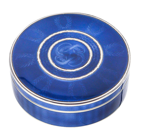 -German Pforzheim 1910 Edwardian Guilloché Blue Enamel Round Box In .935 Sterling