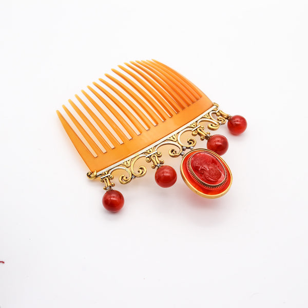 NEOCLASSICAL 1880 Enameled Hair Comb In 18Kt Gold Diamonds & Carved Agates